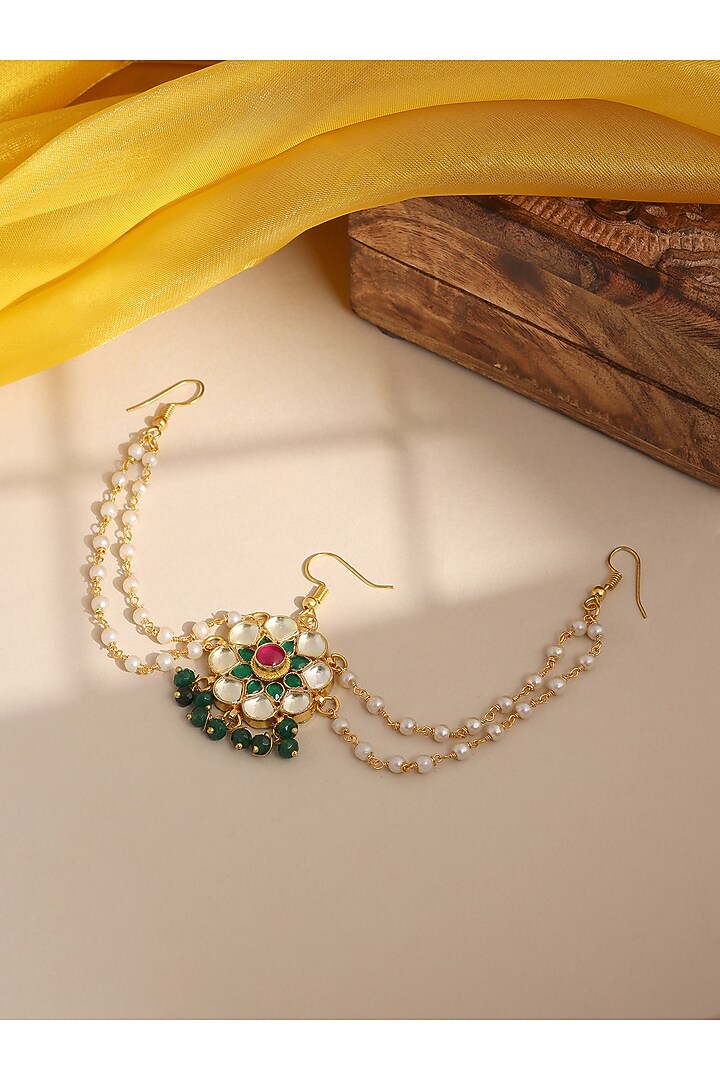 Gold Finish Kundan Polki & Green Stone Hair Accessory For Girls by Ruby Raang Kids at Pernia's Pop Up Shop
