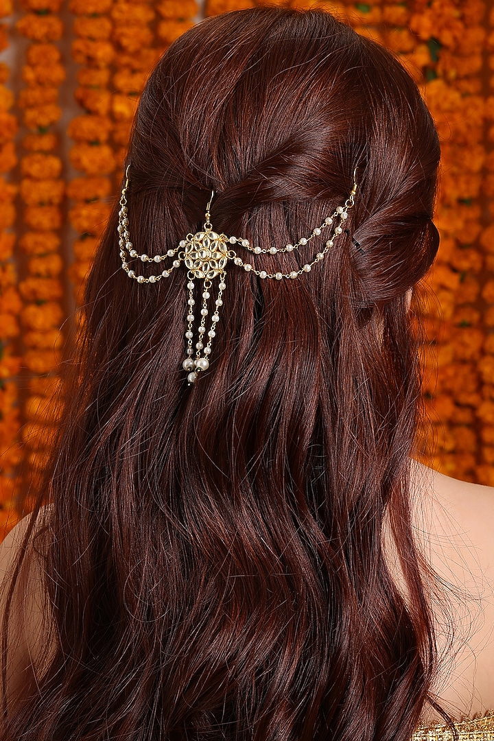Gold Finish Kundan Polki & Pearl Hair Accessory For Girls by Ruby Raang Kids at Pernia's Pop Up Shop