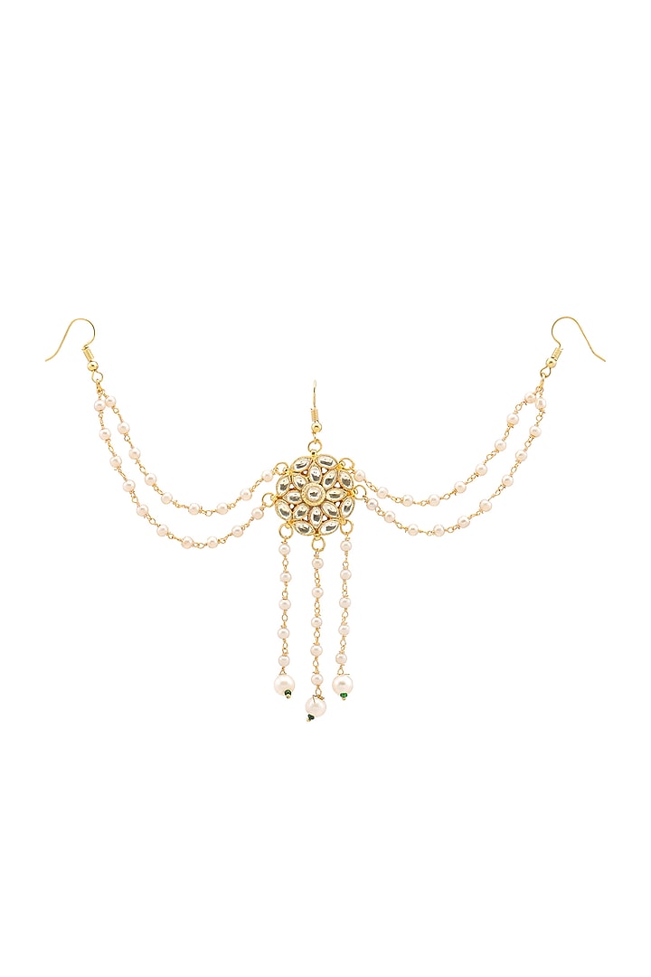 Gold Finish Kundan Polki & Pearl Hair Accessory For Girls by Ruby Raang Kids at Pernia's Pop Up Shop