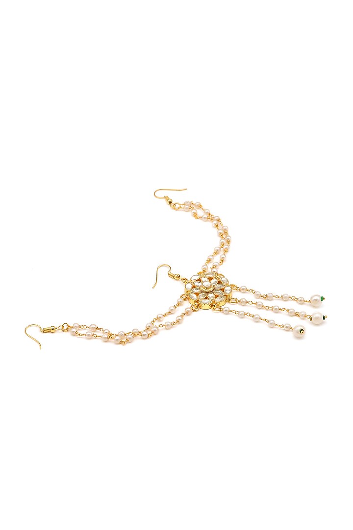 Gold Finish Kundan Polki & Pearl Hair Accessory For Girls by Ruby Raang Kids at Pernia's Pop Up Shop