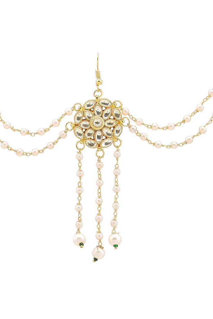 Gold Finish Kundan Polki & Pearl Hair Accessory For Girls by Ruby Raang Kids at Pernia's Pop Up Shop