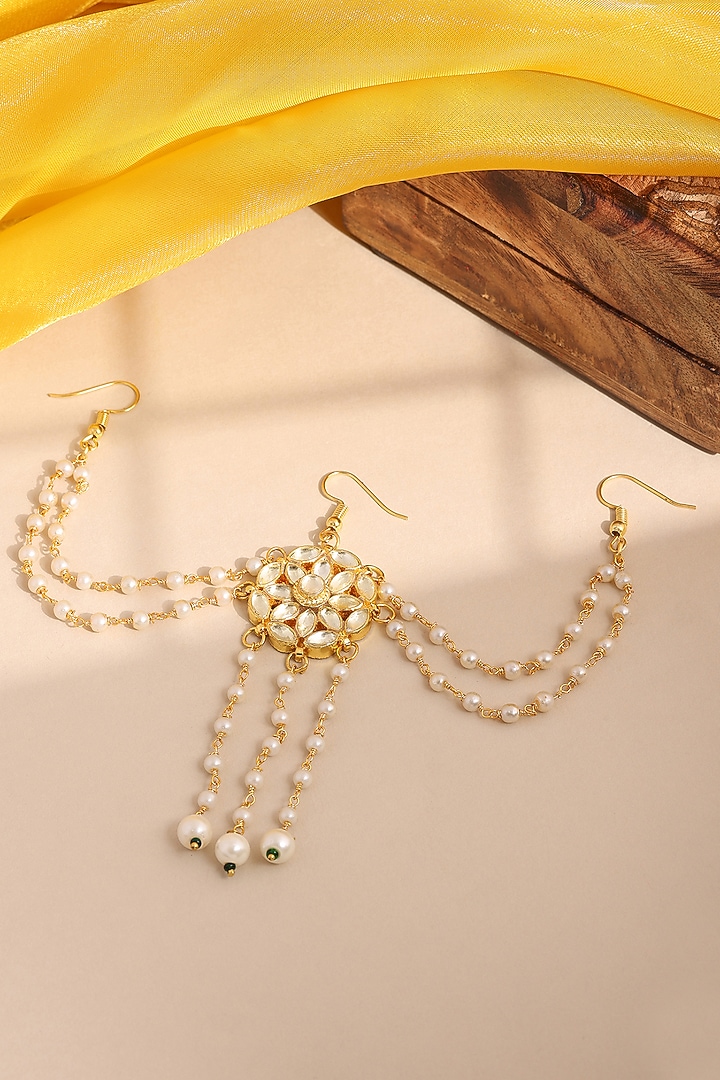 Gold Finish Kundan Polki & Pearl Hair Accessory For Girls by Ruby Raang Kids at Pernia's Pop Up Shop