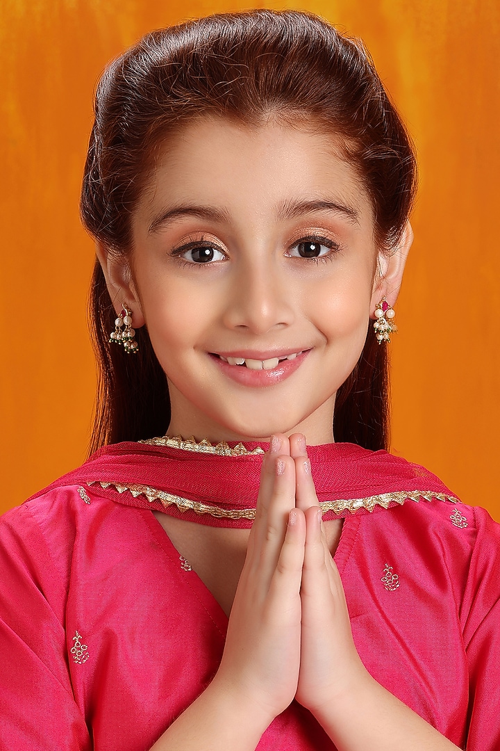 Gold Finish Kundan Polki & Pearl Stud Earrings For Girls by Ruby Raang Kids at Pernia's Pop Up Shop