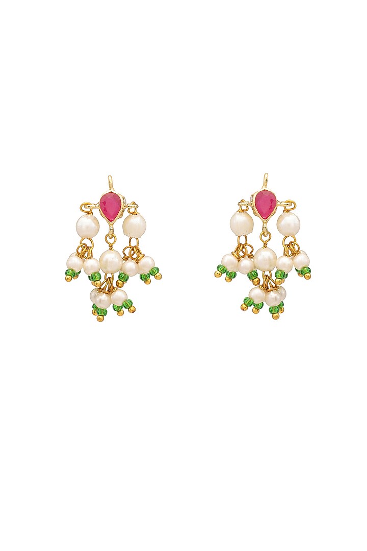 Gold Finish Kundan Polki & Pearl Stud Earrings For Girls by Ruby Raang Kids at Pernia's Pop Up Shop