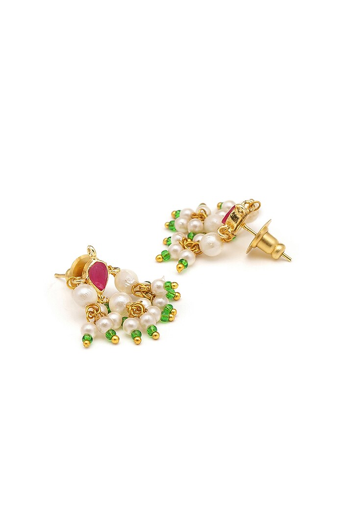 Gold Finish Kundan Polki & Pearl Stud Earrings For Girls by Ruby Raang Kids at Pernia's Pop Up Shop