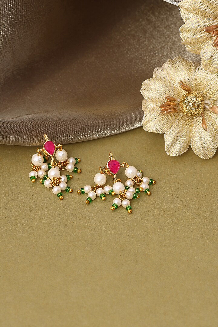 Gold Finish Kundan Polki & Pearl Stud Earrings For Girls by Ruby Raang Kids at Pernia's Pop Up Shop