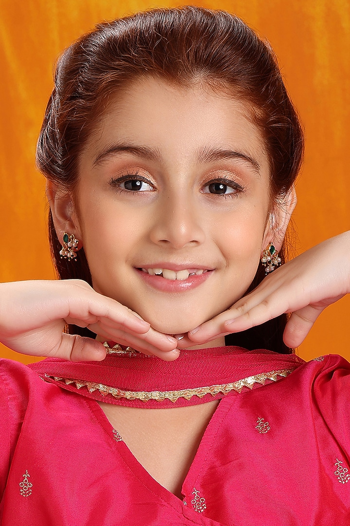 Gold Finish Kundan Polki & Green Stone Stud Earrings For Girls by Ruby Raang Kids at Pernia's Pop Up Shop