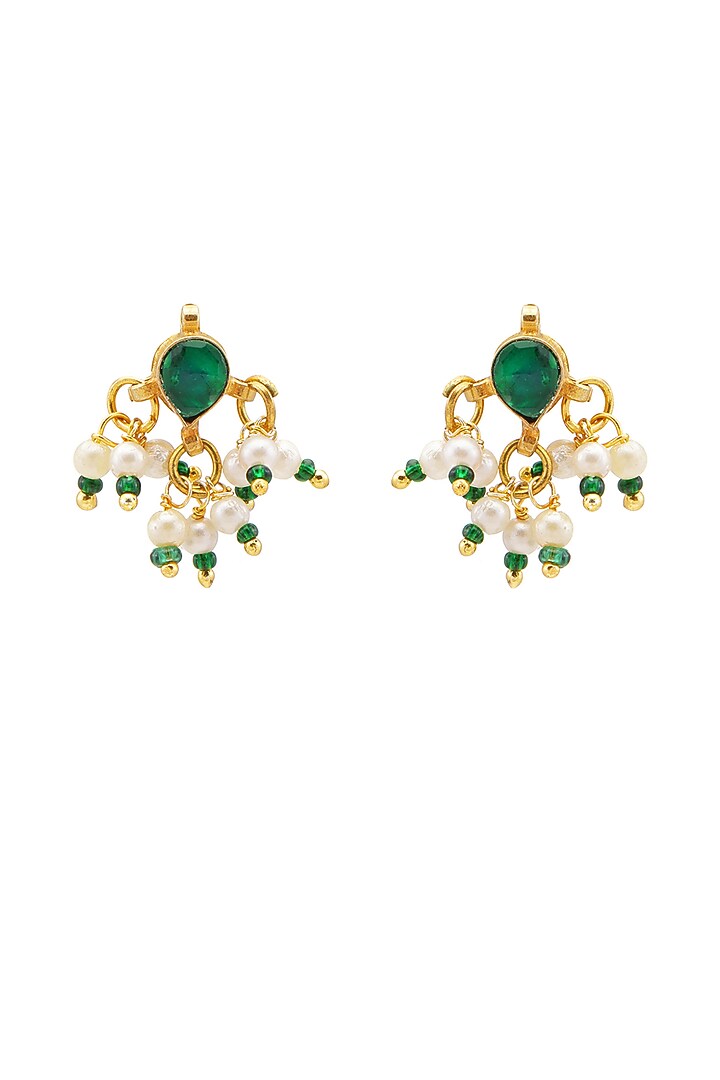 Gold Finish Kundan Polki & Green Stone Stud Earrings For Girls by Ruby Raang Kids at Pernia's Pop Up Shop
