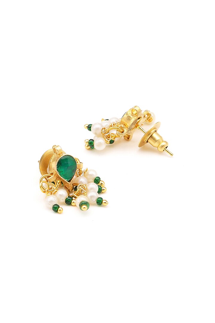 Gold Finish Kundan Polki & Green Stone Stud Earrings For Girls by Ruby Raang Kids at Pernia's Pop Up Shop