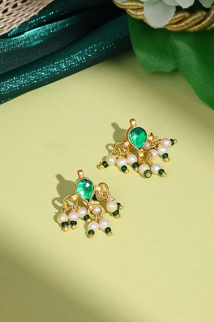 Gold Finish Kundan Polki & Green Stone Stud Earrings For Girls by Ruby Raang Kids at Pernia's Pop Up Shop