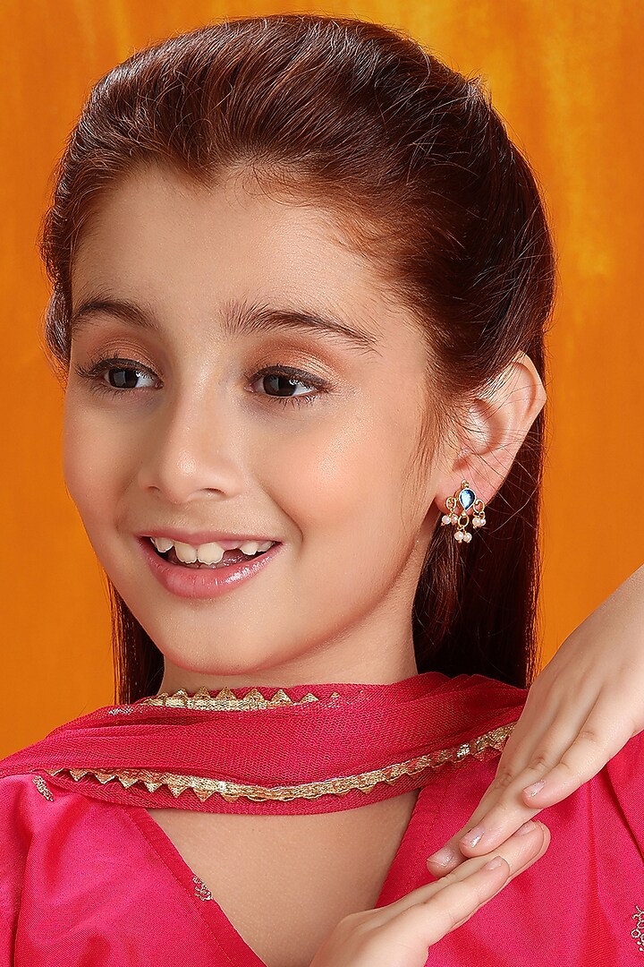 Gold Finish Kundan Polki & Blue Stone Stud Earrings For Girls by Ruby Raang Kids at Pernia's Pop Up Shop