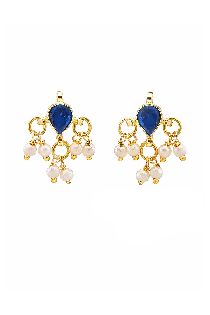 Gold Finish Kundan Polki & Blue Stone Stud Earrings For Girls by Ruby Raang Kids at Pernia's Pop Up Shop