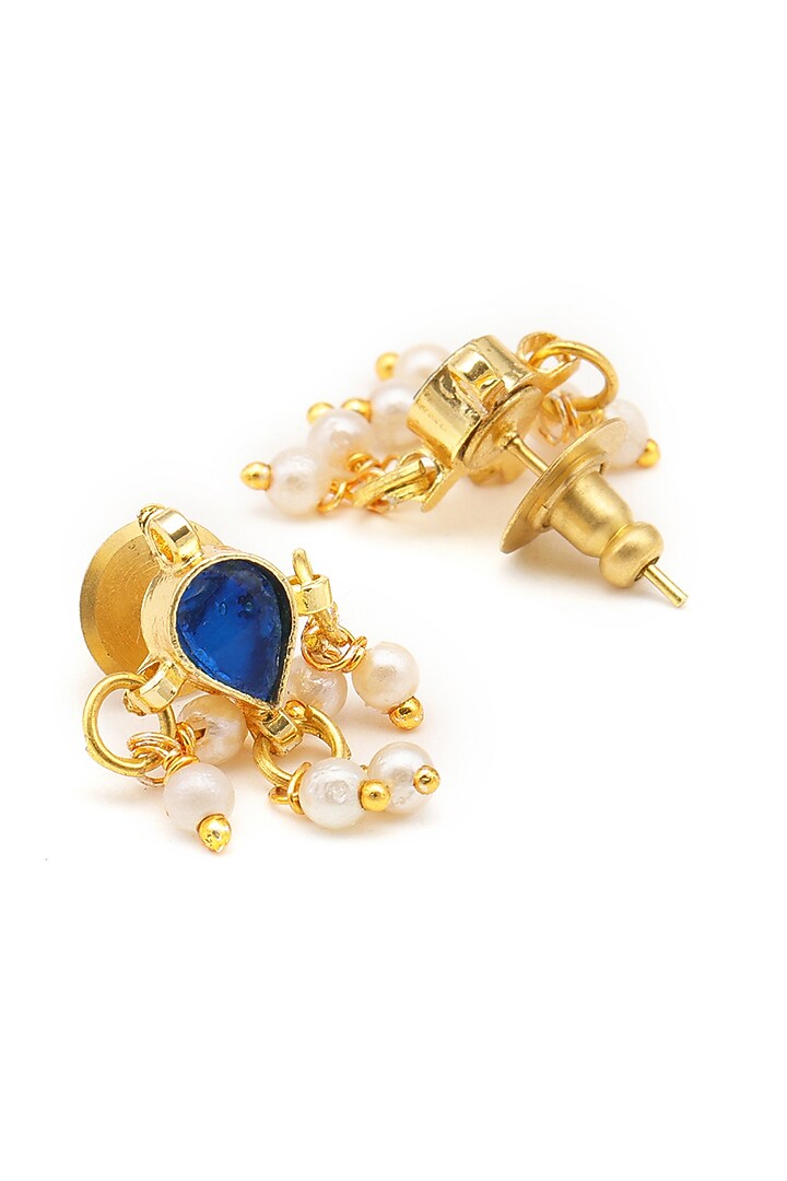Gold Finish Kundan Polki & Blue Stone Stud Earrings For Girls by Ruby Raang Kids at Pernia's Pop Up Shop