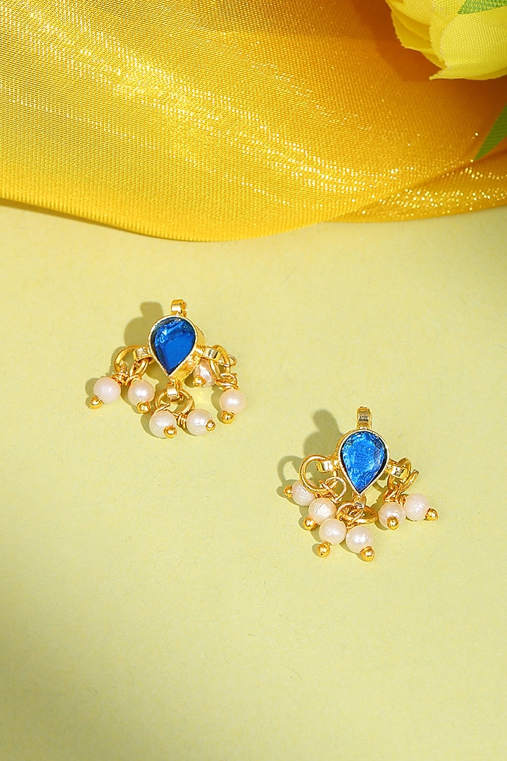 Gold Finish Kundan Polki & Blue Stone Stud Earrings For Girls by Ruby Raang Kids at Pernia's Pop Up Shop