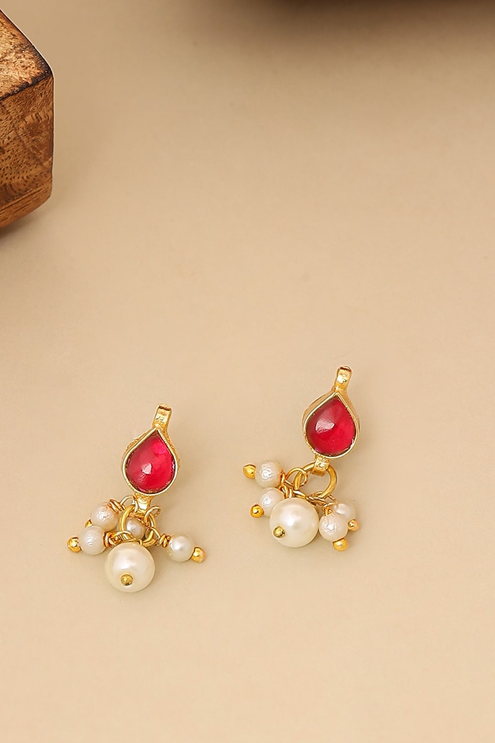 Gold Finish Kundan Polki Stud Earrings For Girls by Ruby Raang Kids at Pernia's Pop Up Shop