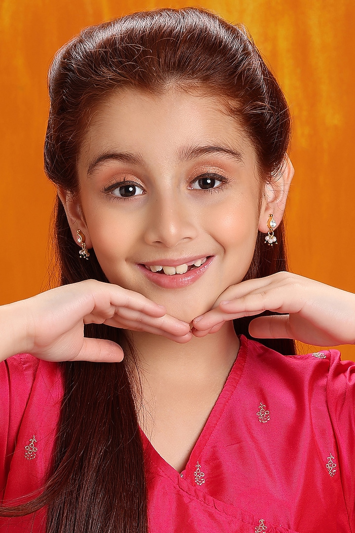 Gold Finish Kundan Polki & White Stone Stud Earrings For Girls by Ruby Raang Kids at Pernia's Pop Up Shop