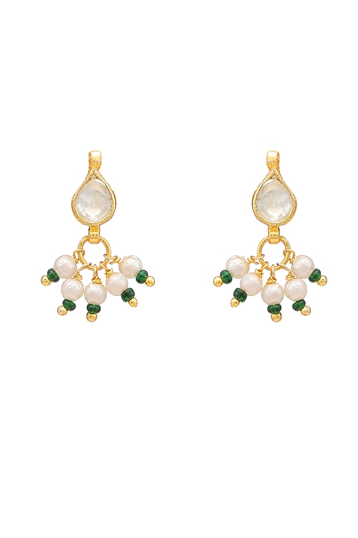Gold Finish Kundan Polki & White Stone Stud Earrings For Girls by Ruby Raang Kids at Pernia's Pop Up Shop
