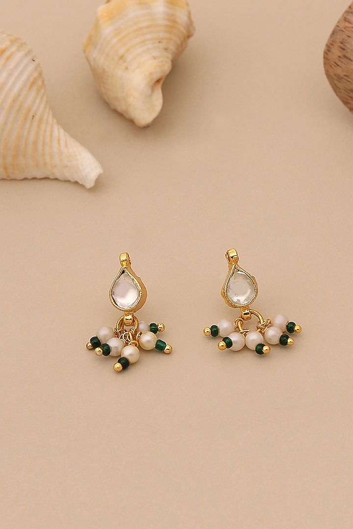 Gold Finish Kundan Polki & White Stone Stud Earrings For Girls by Ruby Raang Kids at Pernia's Pop Up Shop