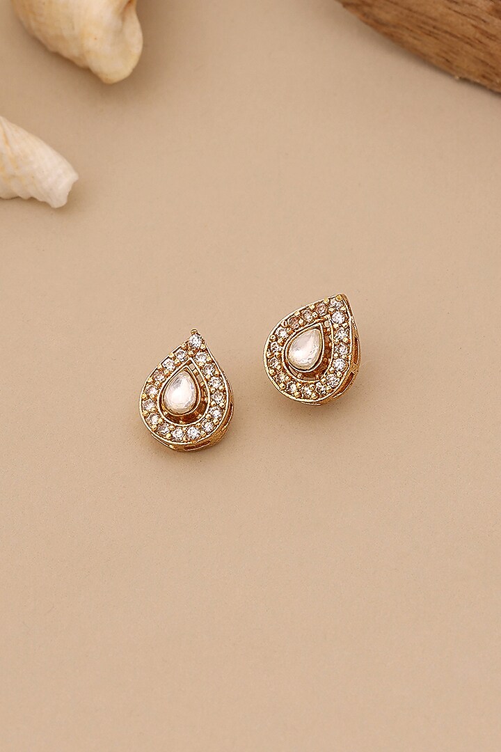 Gold Finish Kundan Polki & Semi Precious Stone Stud Earrings For Girls by Ruby Raang Kids at Pernia's Pop Up Shop