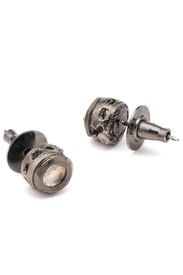 Black Rhodium Finish Kundan Polki & Semi Precious Stone Stud Earrings For Girls by Ruby Raang Kids at Pernia's Pop Up Shop