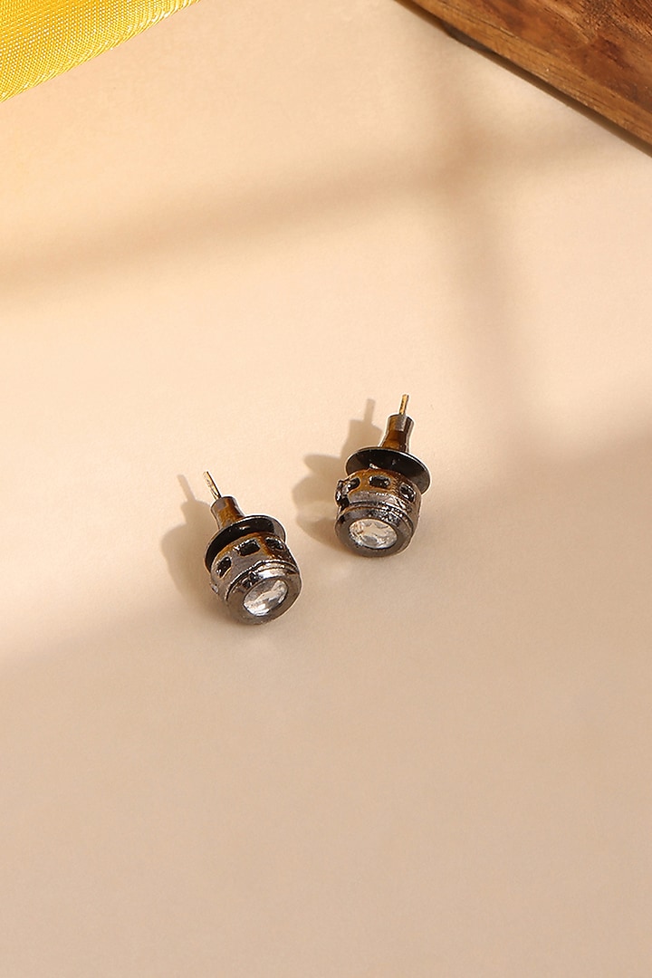 Black Rhodium Finish Kundan Polki & Semi Precious Stone Stud Earrings For Girls by Ruby Raang Kids at Pernia's Pop Up Shop