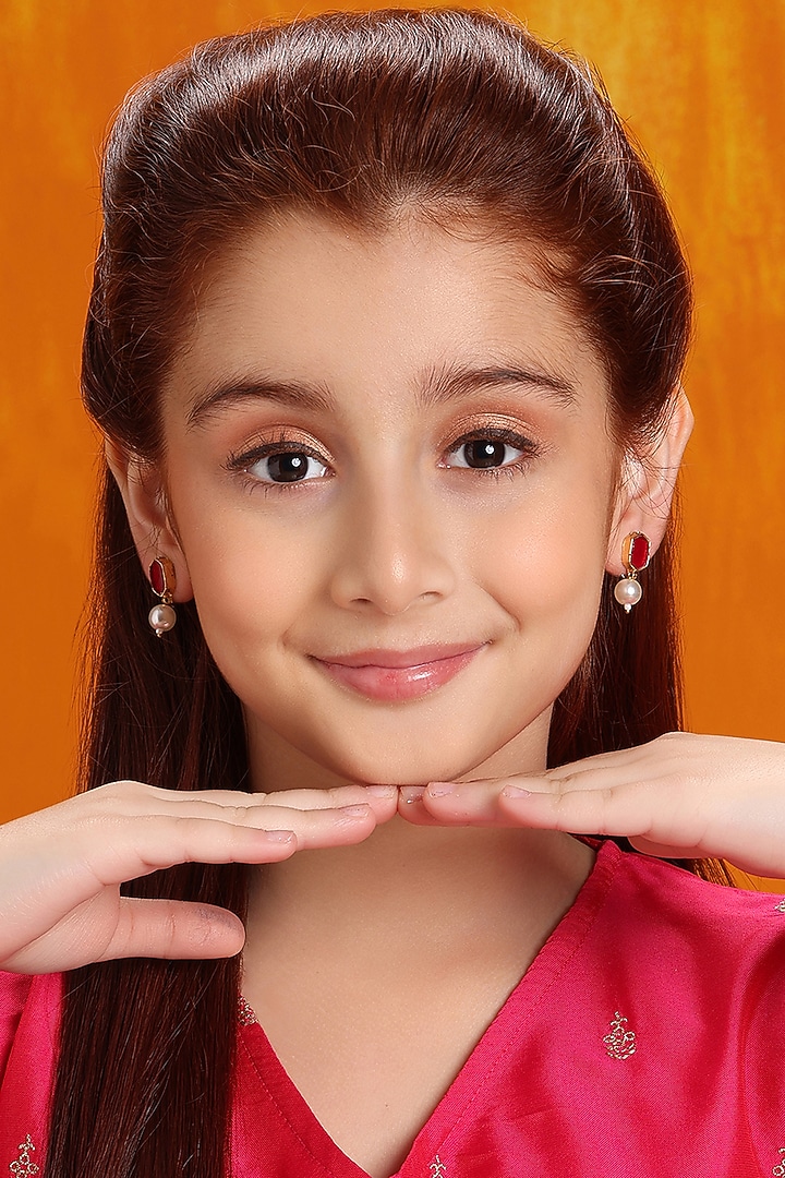 Gold Finish Kundan Polki & Pearls Stud Earrings For Girls by Ruby Raang Kids at Pernia's Pop Up Shop