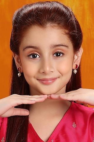 Gold Finish Kundan Polki & Pearls Stud Earrings For Girls by Ruby Raang Kids