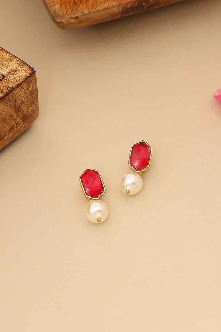 Gold Finish Kundan Polki & Pearls Stud Earrings For Girls by Ruby Raang Kids at Pernia's Pop Up Shop