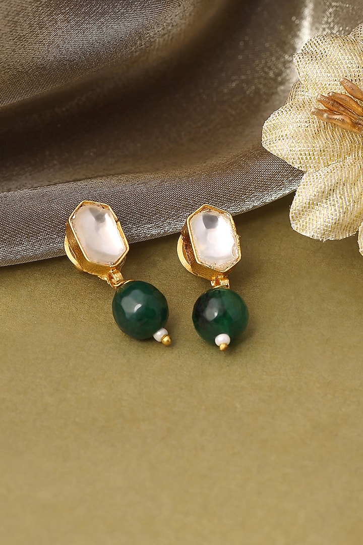 Gold Finish Kundan Polki & Pearls Stud Earrings For Girls by Ruby Raang Kids at Pernia's Pop Up Shop