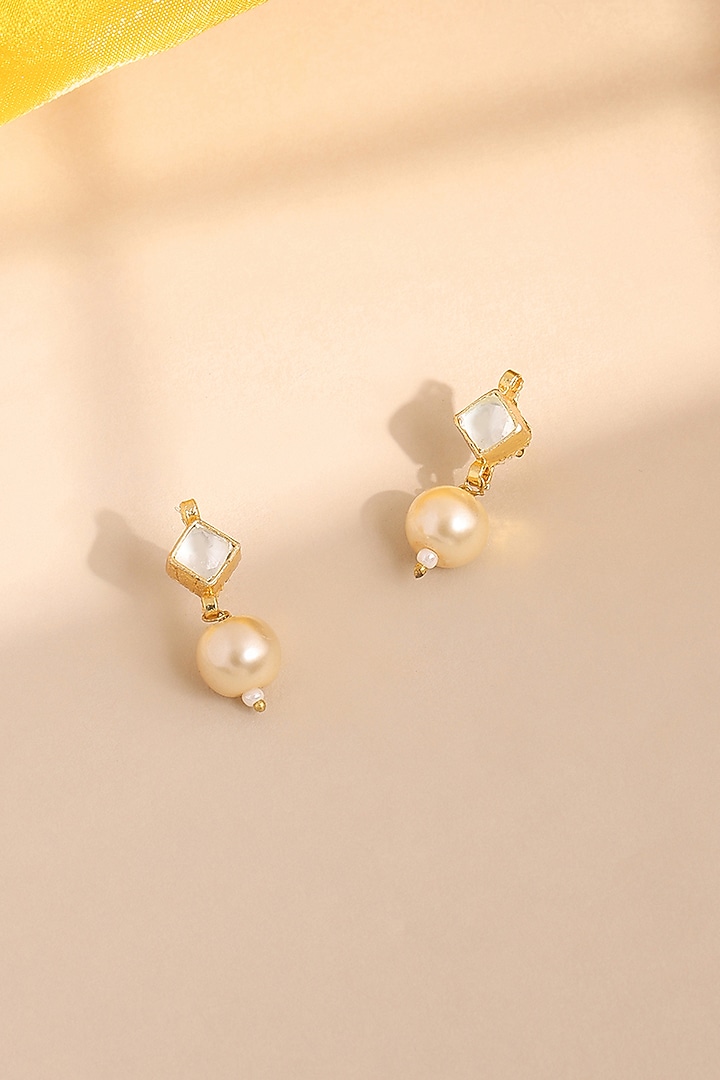 Gold Finish Kundan Polki & Pearls Stud Earrings For Girls by Ruby Raang Kids at Pernia's Pop Up Shop