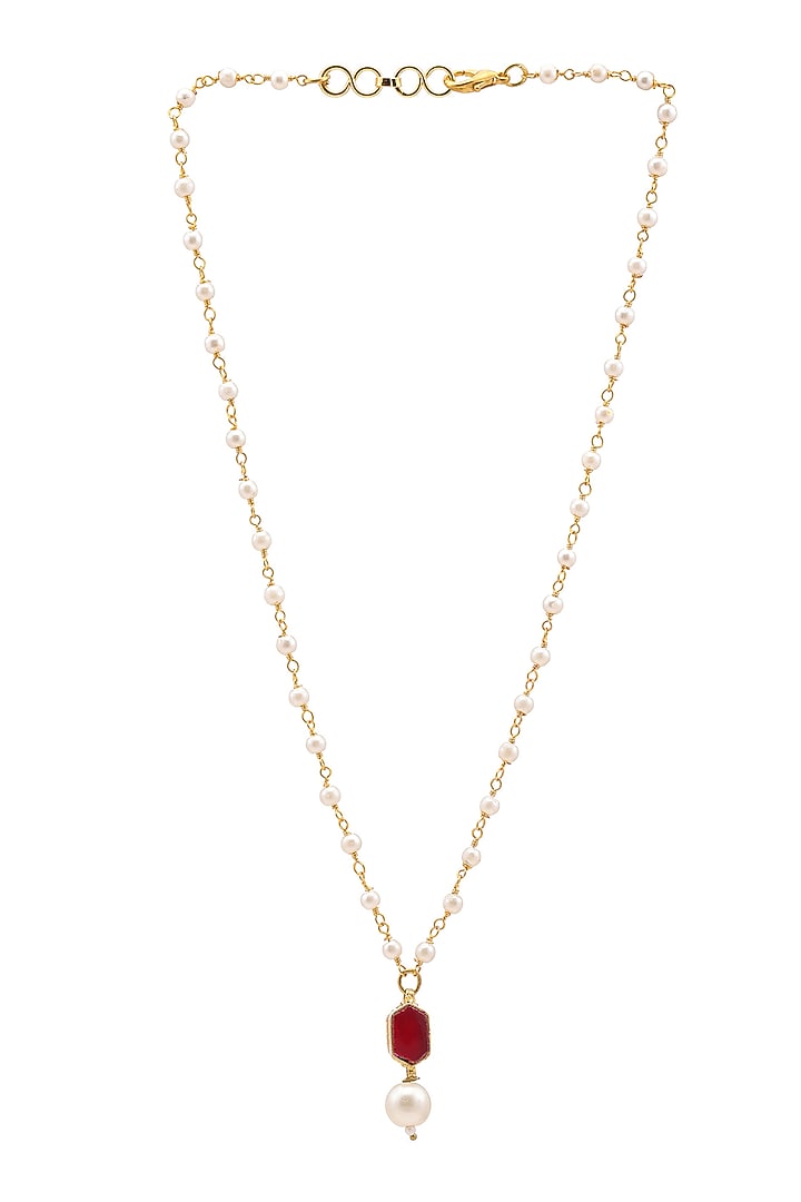 Gold Finish Maroon Kundan Polki & Pearls Necklace For Girls by Ruby Raang Kids at Pernia's Pop Up Shop