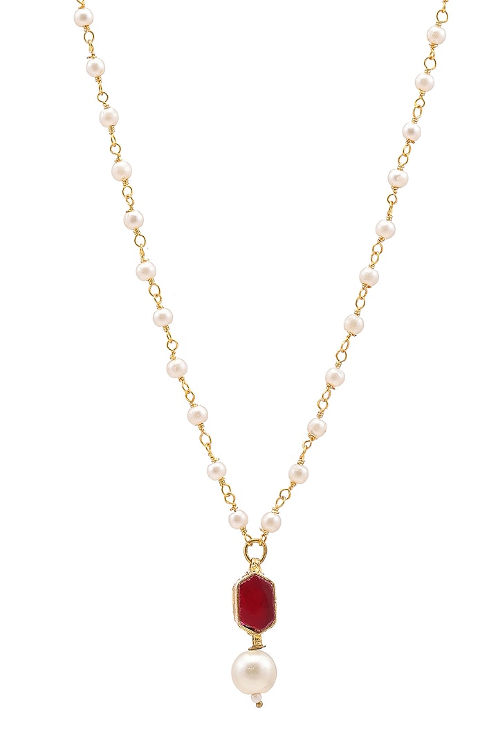 Gold Finish Maroon Kundan Polki & Pearls Necklace For Girls by Ruby Raang Kids at Pernia's Pop Up Shop