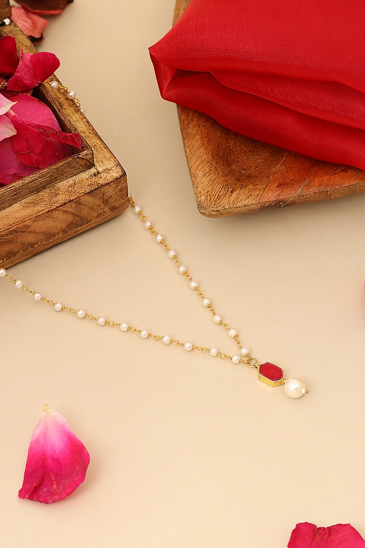 Gold Finish Maroon Kundan Polki & Pearls Necklace For Girls by Ruby Raang Kids at Pernia's Pop Up Shop