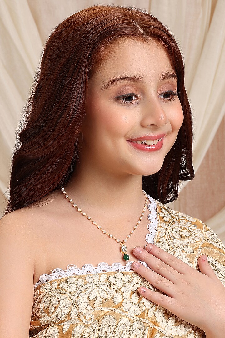 Gold Finish Kundan Polki & Green Beads Necklace For Girls by Ruby Raang Kids at Pernia's Pop Up Shop