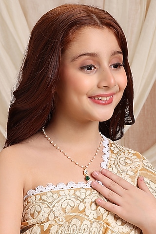Gold Finish Kundan Polki & Green Beads Necklace For Girls by Ruby Raang Kids