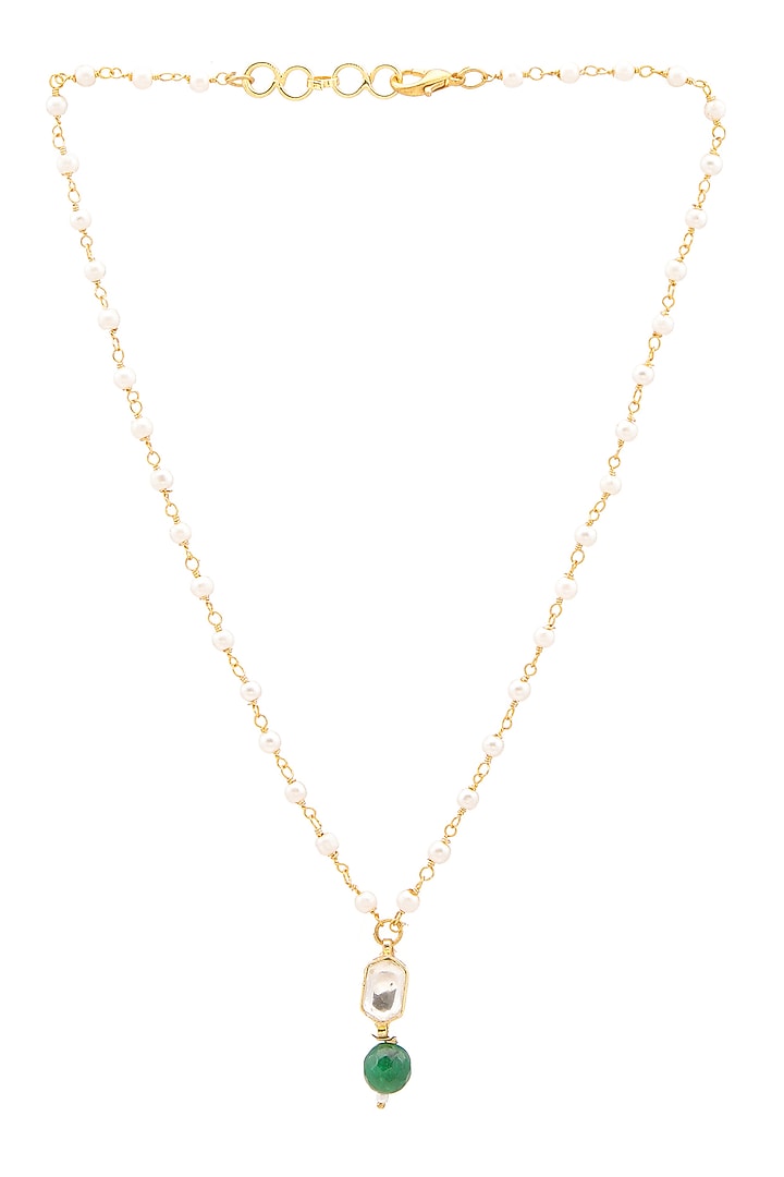 Gold Finish Kundan Polki & Green Beads Necklace For Girls by Ruby Raang Kids at Pernia's Pop Up Shop