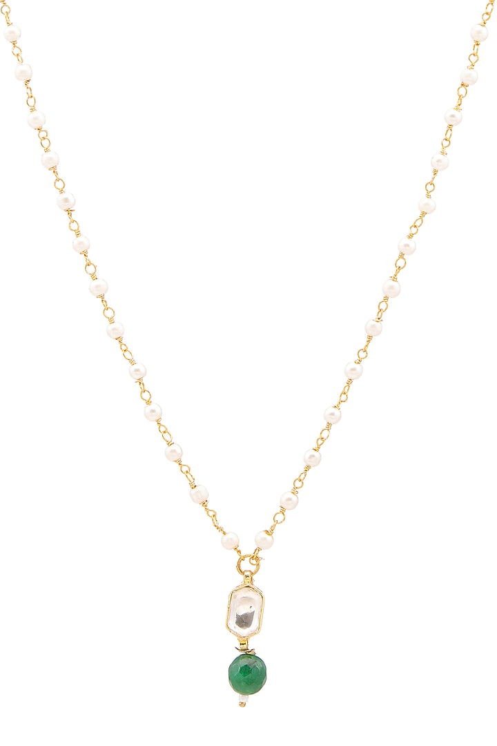 Gold Finish Kundan Polki & Green Beads Necklace For Girls by Ruby Raang Kids at Pernia's Pop Up Shop