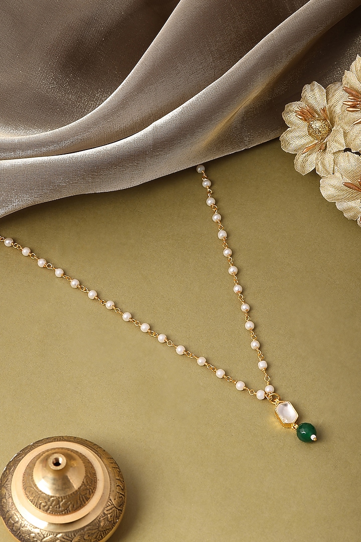 Gold Finish Kundan Polki & Green Beads Necklace For Girls by Ruby Raang Kids at Pernia's Pop Up Shop