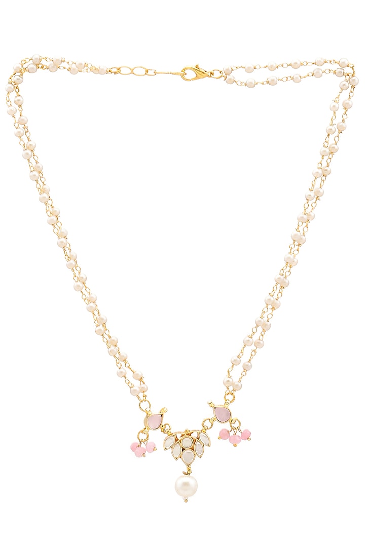 Gold Finish Kundan Polki & Semi Precious Stone Necklace For Girls by Ruby Raang Kids at Pernia's Pop Up Shop
