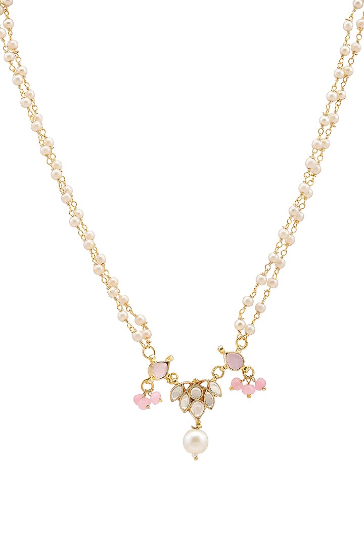 Gold Finish Kundan Polki & Semi Precious Stone Necklace For Girls by Ruby Raang Kids at Pernia's Pop Up Shop
