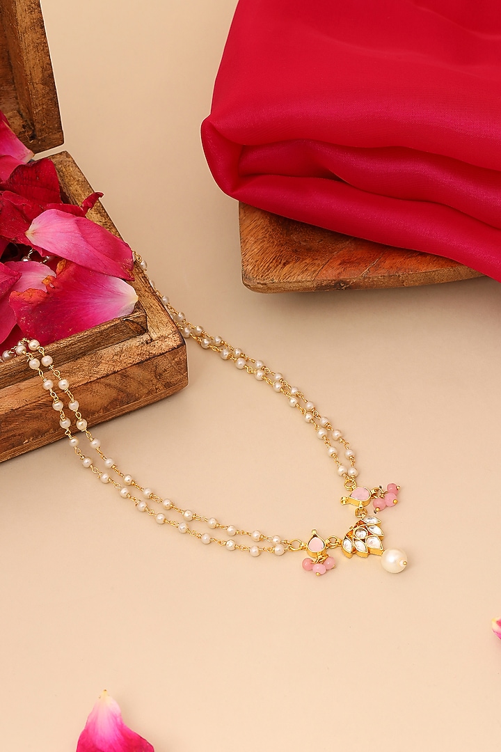 Gold Finish Kundan Polki & Semi Precious Stone Necklace For Girls by Ruby Raang Kids at Pernia's Pop Up Shop