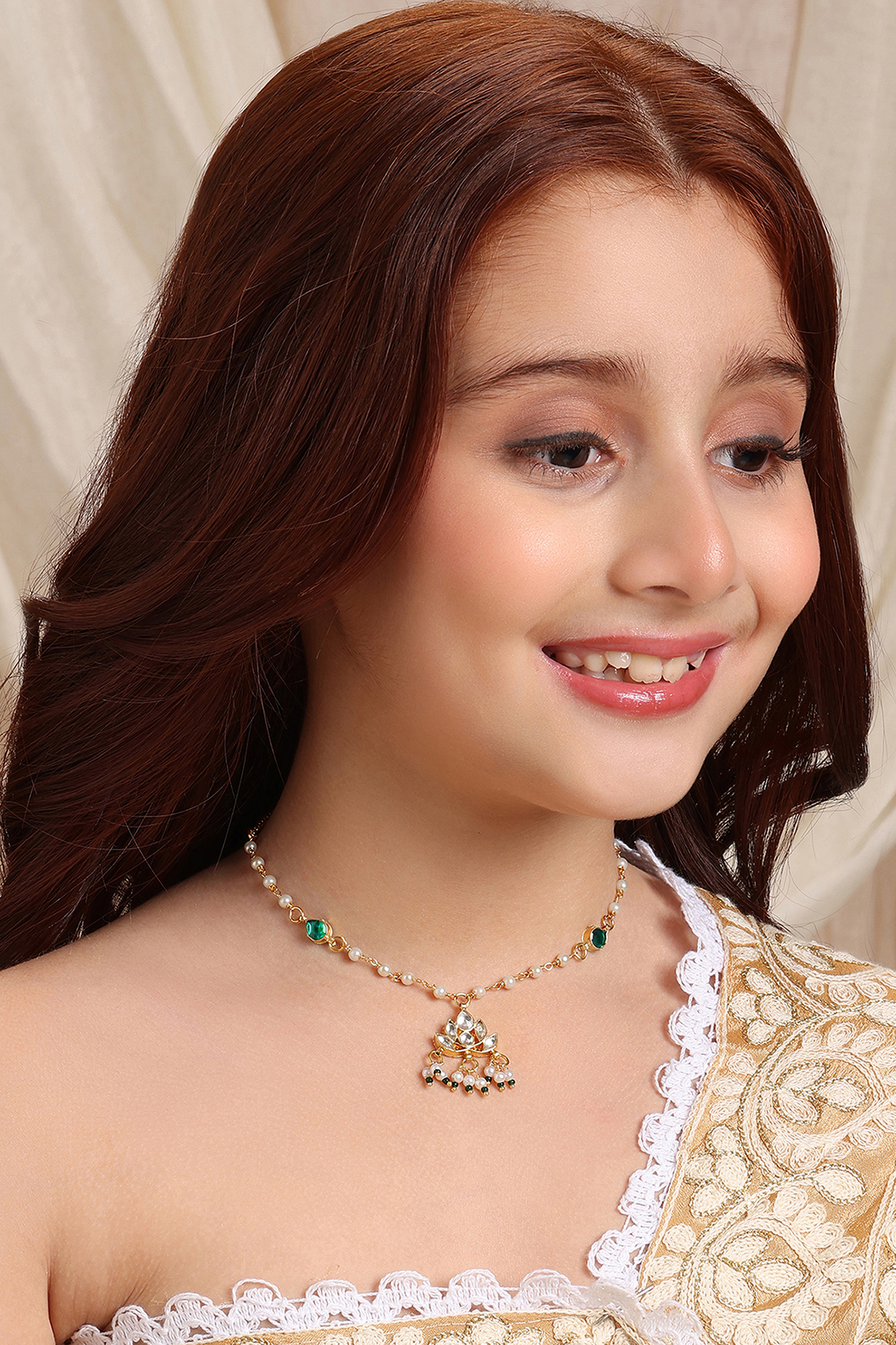 Gold Finish Green Kundan Polki Necklace For Girls by Ruby Raang Kids at Pernia's Pop Up Shop