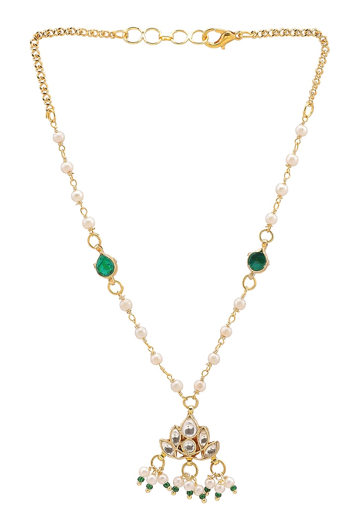 Gold Finish Green Kundan Polki Necklace For Girls by Ruby Raang Kids at Pernia's Pop Up Shop
