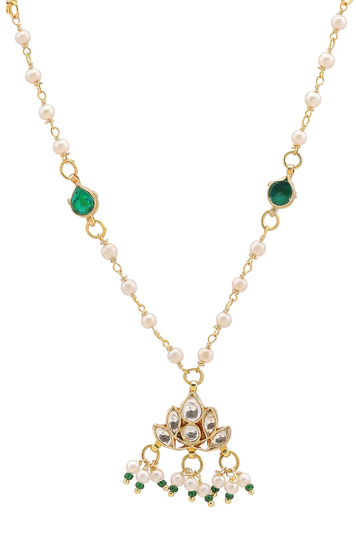 Gold Finish Green Kundan Polki Necklace For Girls by Ruby Raang Kids at Pernia's Pop Up Shop