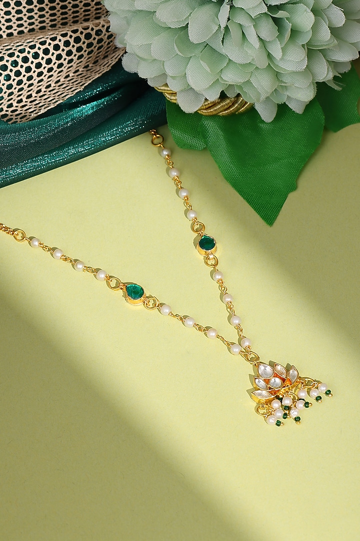 Gold Finish Green Kundan Polki Necklace For Girls by Ruby Raang Kids at Pernia's Pop Up Shop