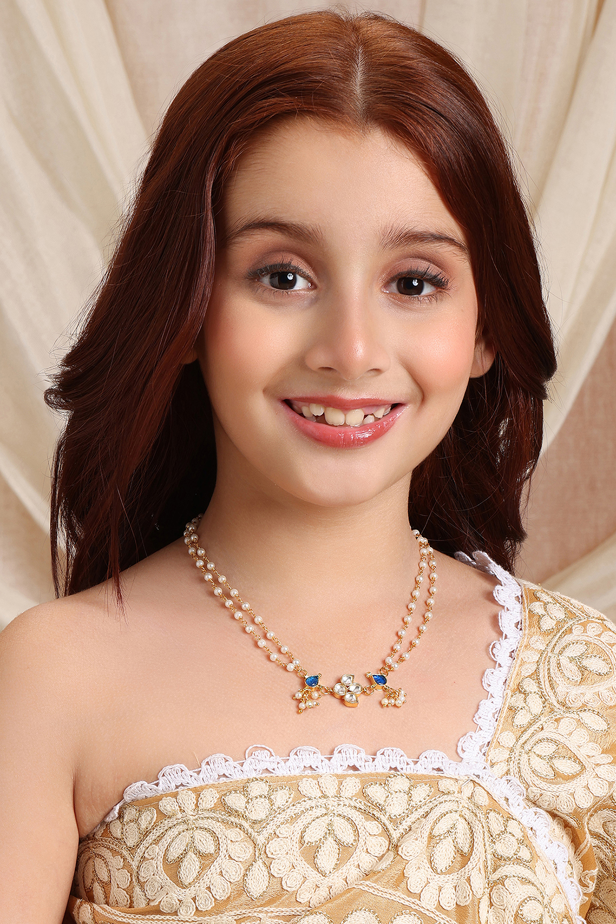 Gold Finish Green Kundan Polki Necklace For Girls by Ruby Raang Kids at Pernia's Pop Up Shop