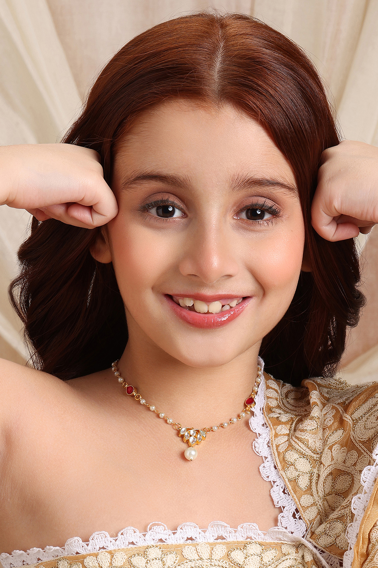 Gold Finish Maroon Kundan Polki Necklace For Girls by Ruby Raang Kids at Pernia's Pop Up Shop