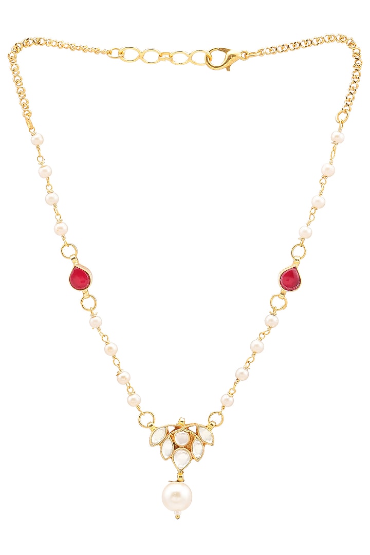 Gold Finish Maroon Kundan Polki Necklace For Girls by Ruby Raang Kids at Pernia's Pop Up Shop