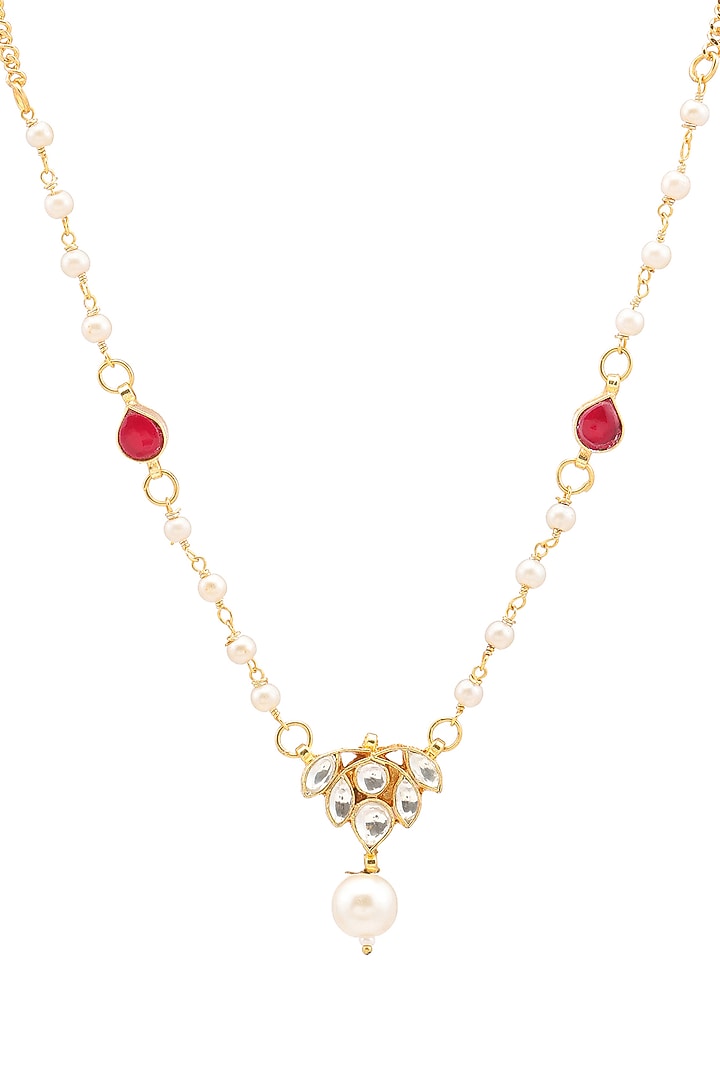 Gold Finish Maroon Kundan Polki Necklace For Girls by Ruby Raang Kids at Pernia's Pop Up Shop