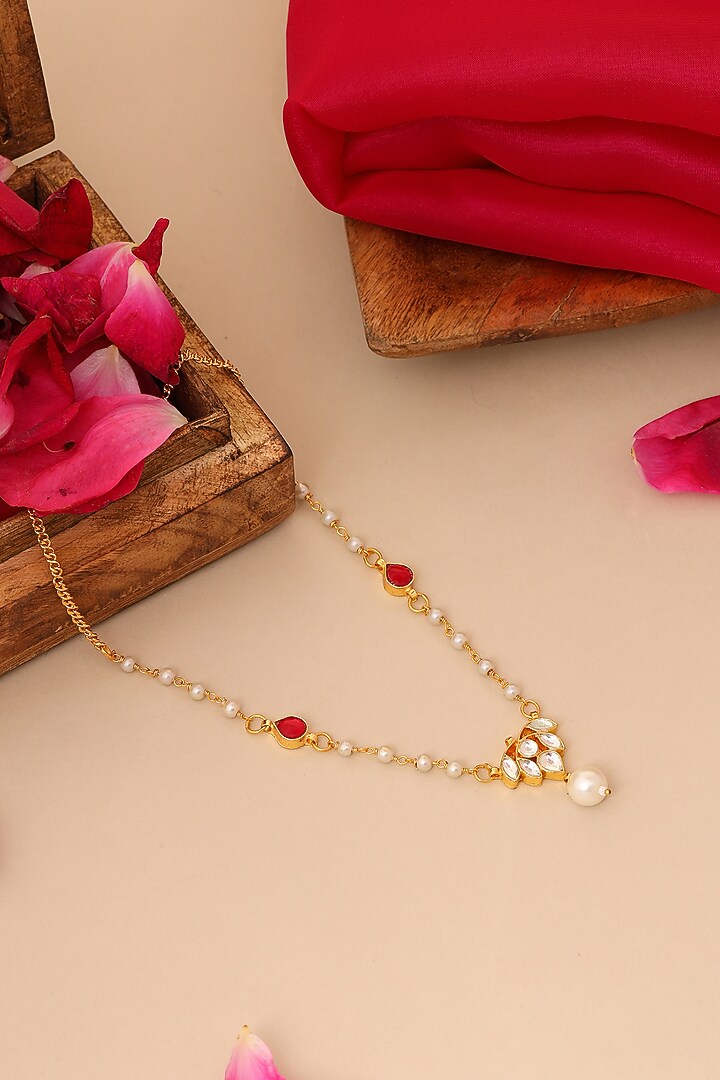 Gold Finish Maroon Kundan Polki Necklace For Girls by Ruby Raang Kids at Pernia's Pop Up Shop